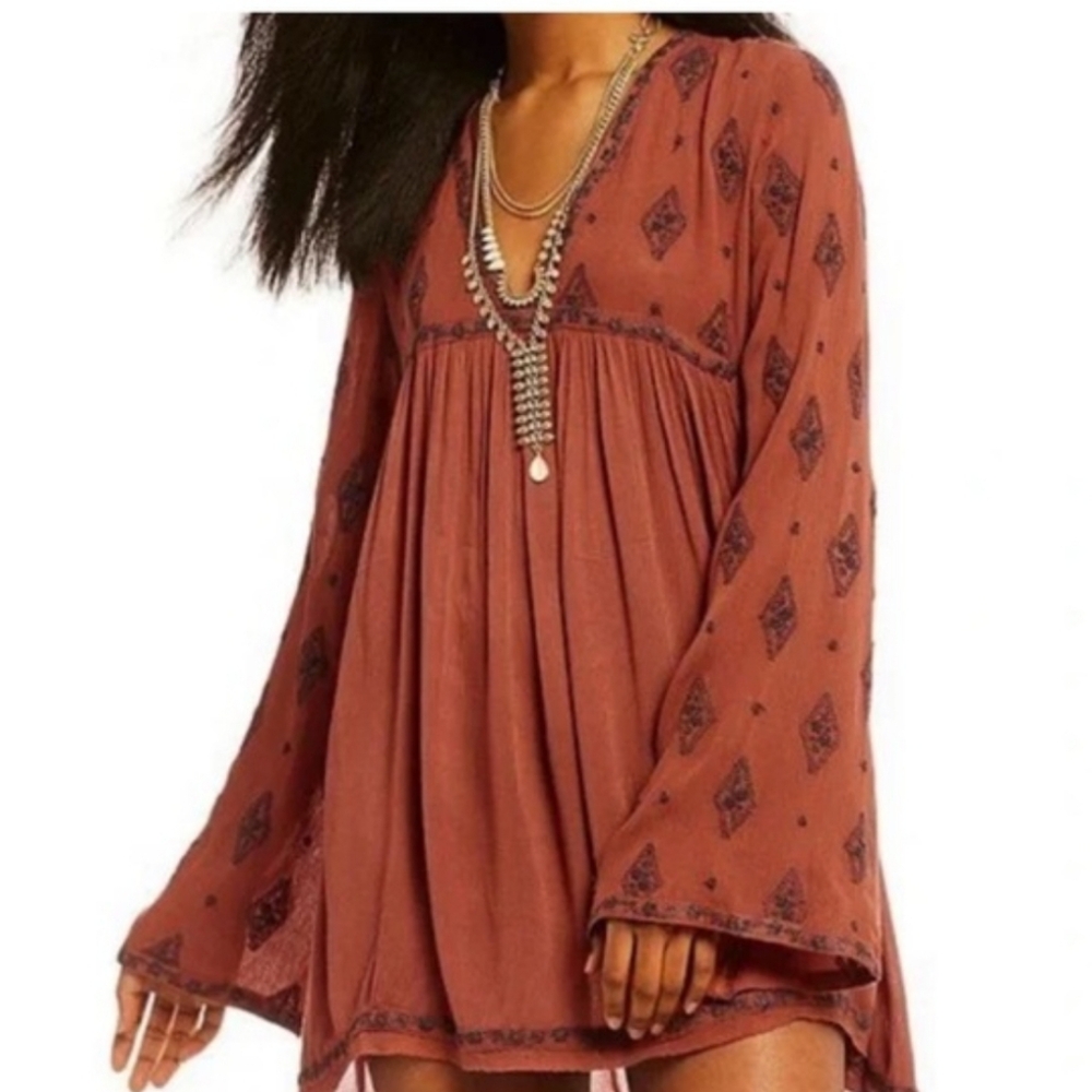 Free People Diamond Embroidered Tunic in Rust 
NWOT